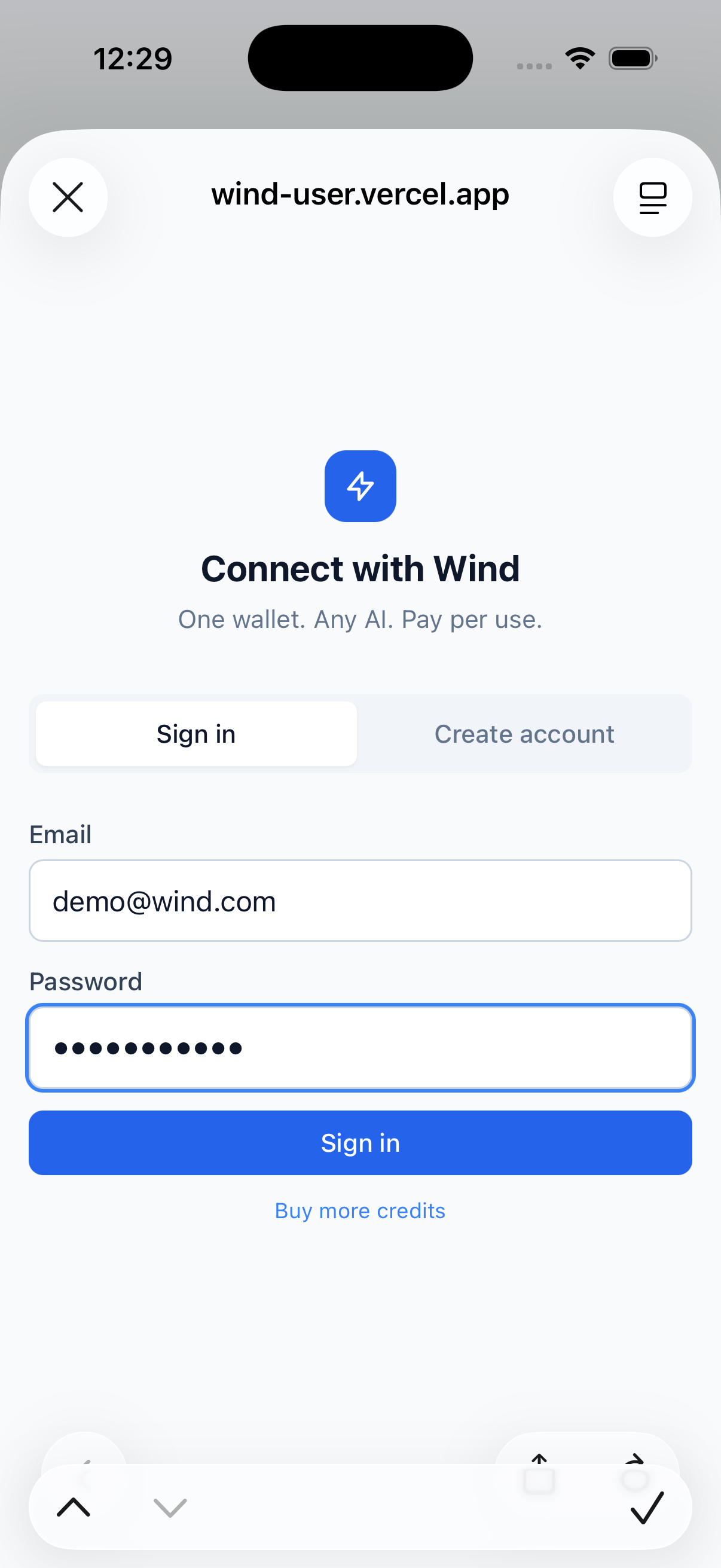 Wind Connect authorization screen