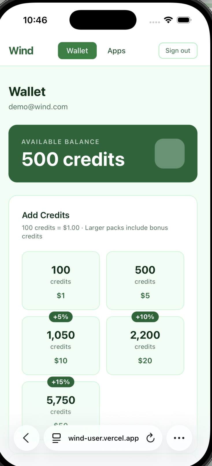 Wind wallet showing credit balance and top-up options