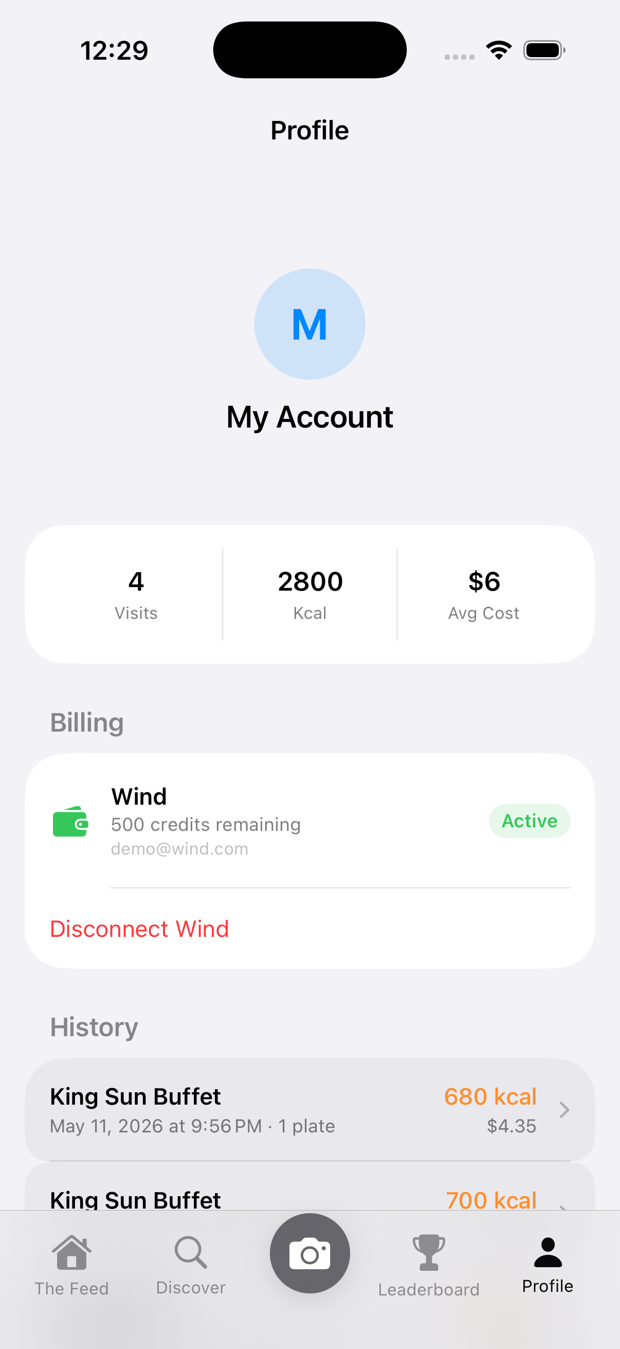 Third-party app showing Wind active with credits remaining