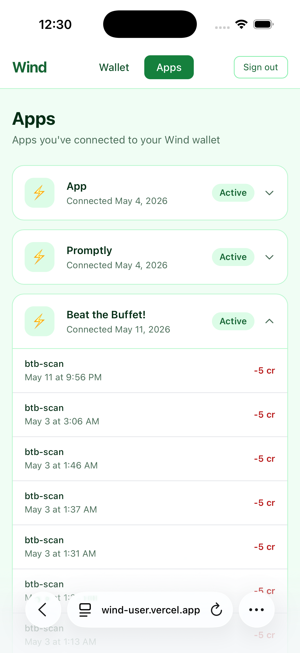 Wind Apps tab showing connected apps and transaction history